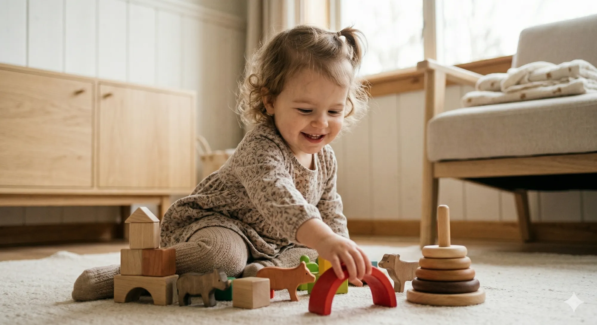 Fröhliches Kleinkind Spielt mit Holzspielzeug Kreuzstichmuster