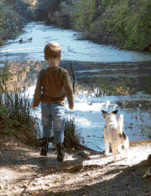 Petit Explorateur et Son Compagnon Canin au Bord de l'Étang Motif Point de Croix - Embroidered